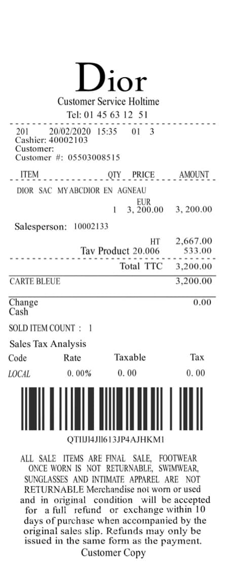DIOR printed receipt