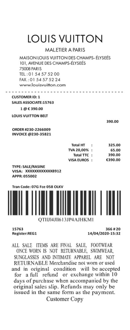LV printed receipt