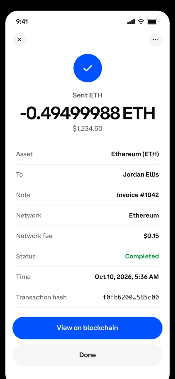 Coinbase receipt: sent 0.49499988 ETH